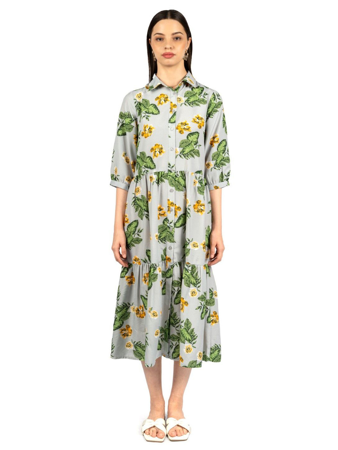 CORY EDGE Women Floral Printed Tiered Fit and Flare Midi Dress