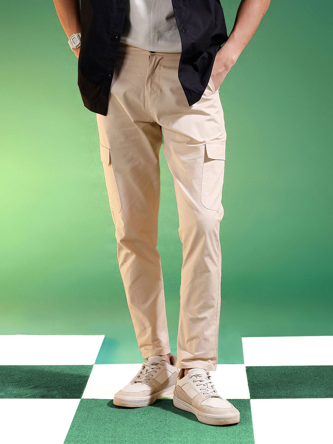 VEIRDO Men 4 Pocket Straight Fit Pure Cotton Cargo Trousers