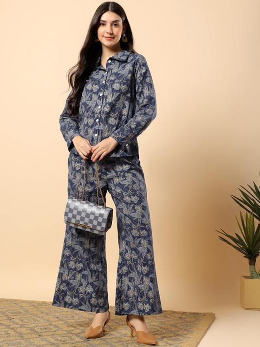 aayusika Women Katha Printed Shirt Collar Long Sleeve Shirt With Trouser Co-Ords