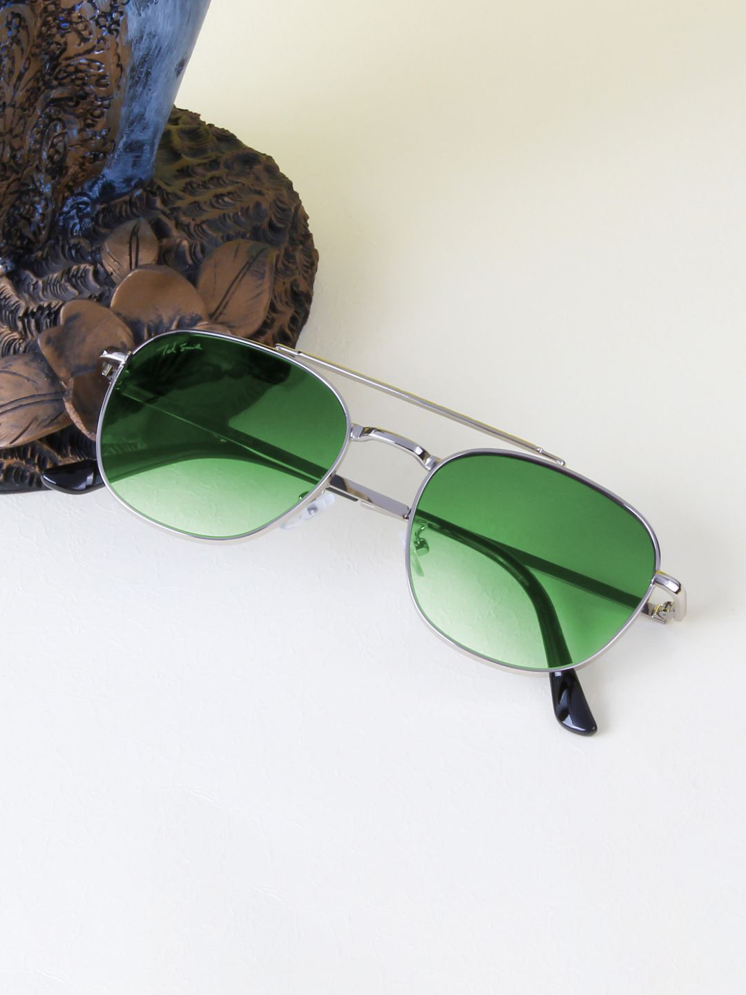 Ted Smith Unisex Aviator Silver Green Sunglasses With UV Protected Lenses