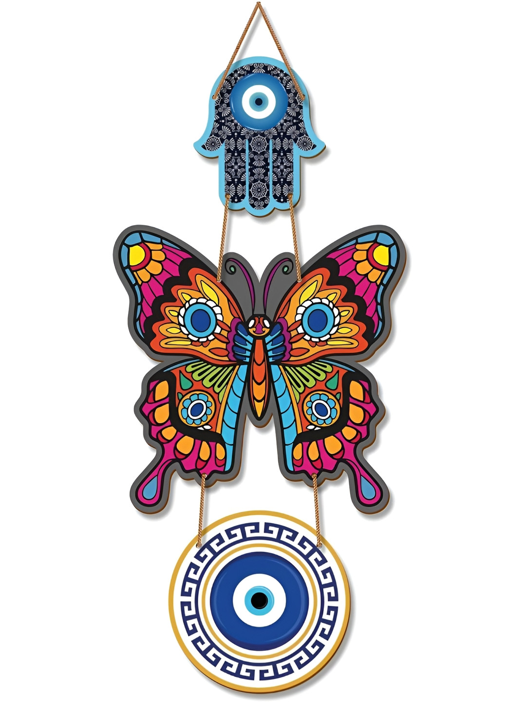 VASTU ART Blue & Yellow Printed Butterfly Evil Eye Portrait Wall Hanging