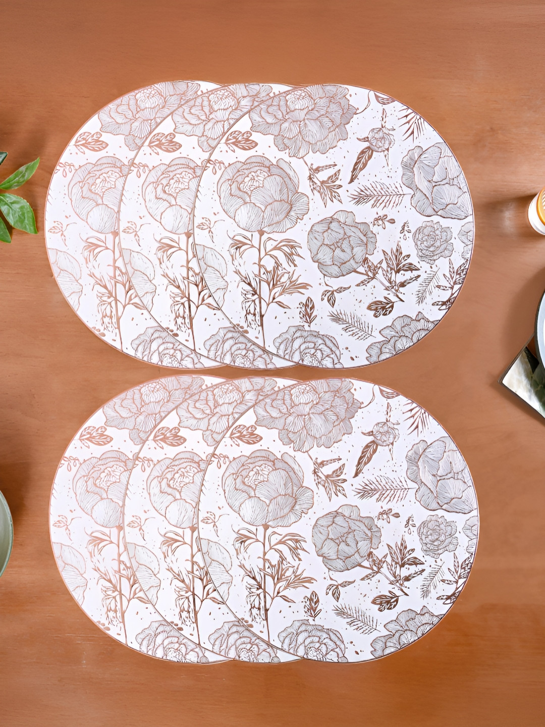 Nestasia Brown & White 6 Pieces Peonies & Roses Textured Anti-Slip Table Placemats