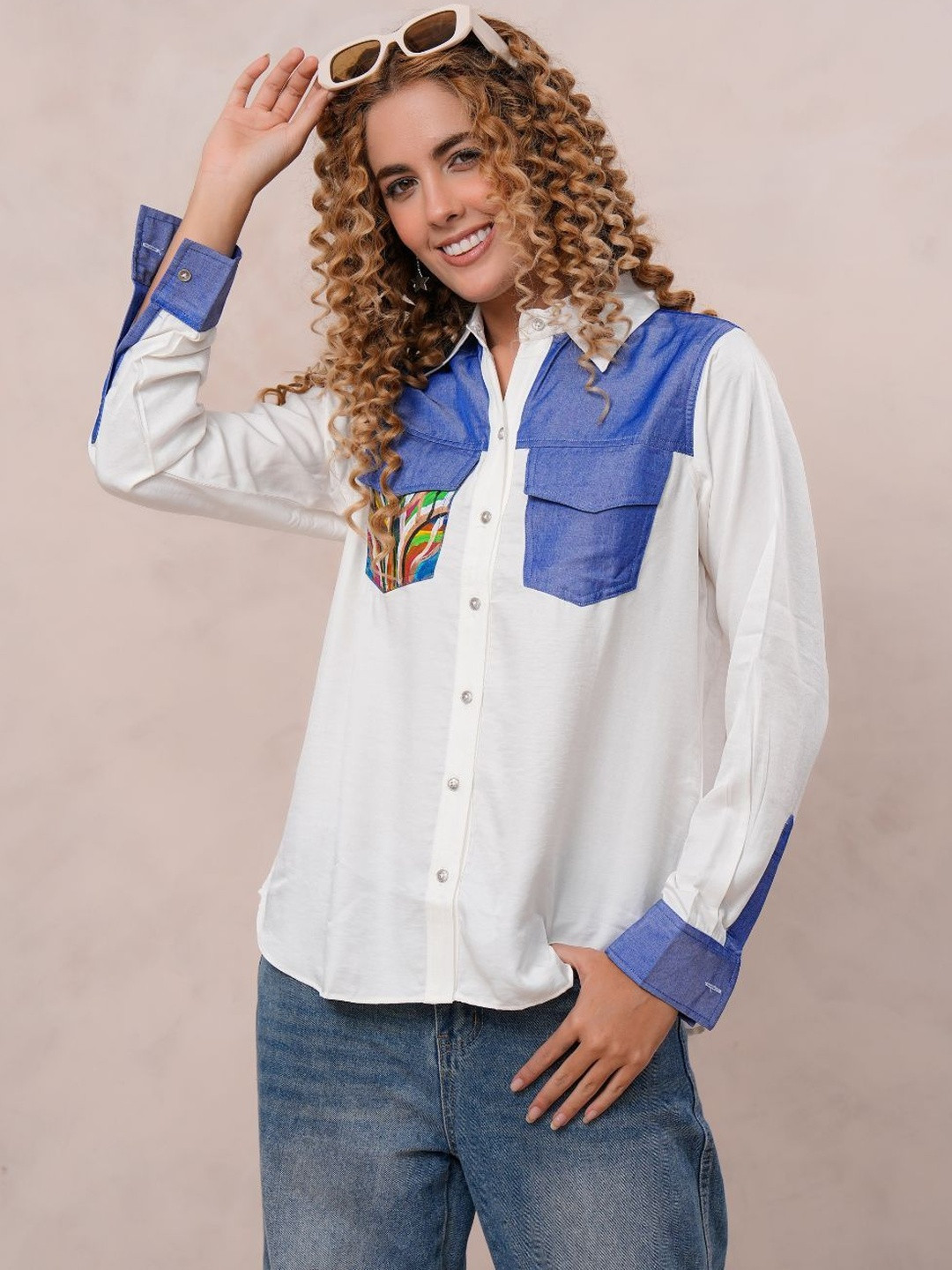 Zolo Label Women Colourblocked Shirt Collar Pure Silk Shirt Style Top