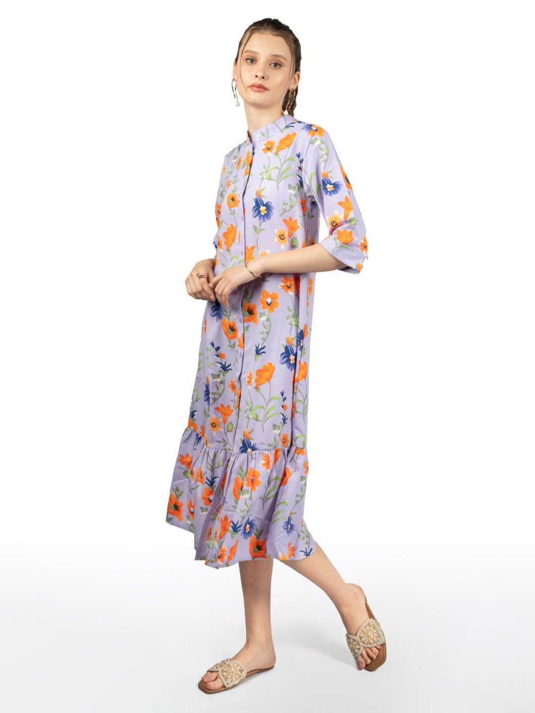 CORY EDGE Women Floral Printed Ruffled A-Line Midi Dress