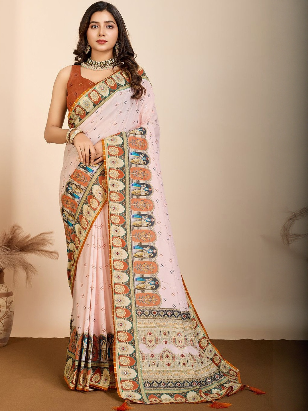 NIWAA Kalamkari Printed Mirror Work Saree With Blouse