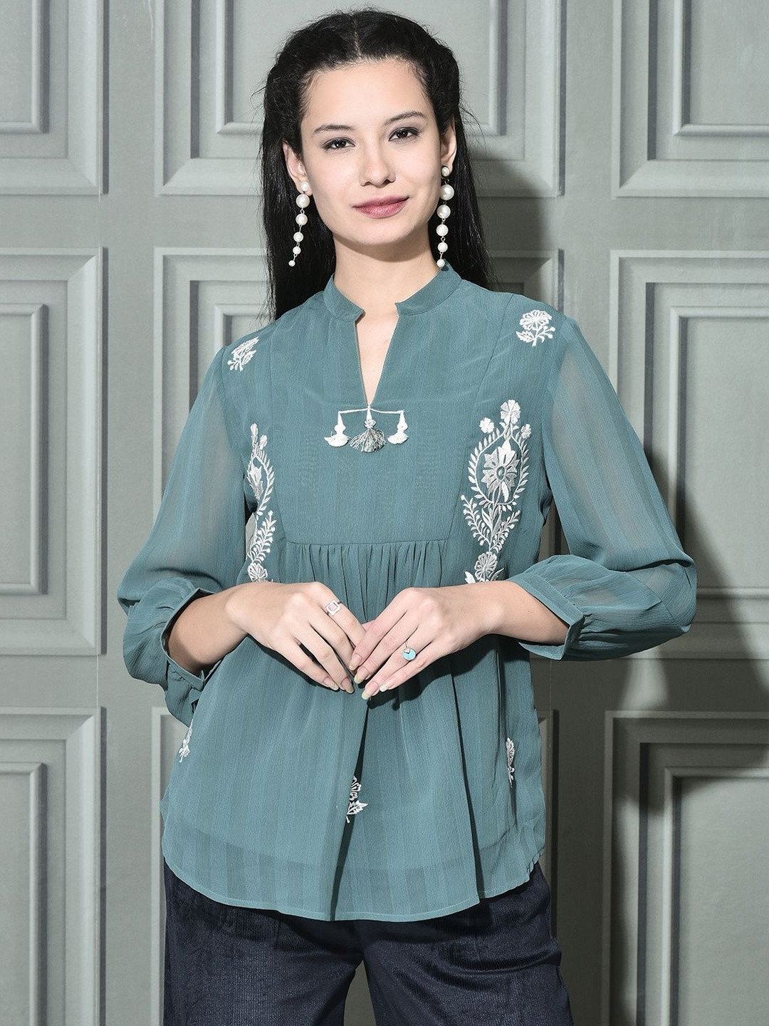 FFU Women Embroidered Mandarin Collar Georgette Top