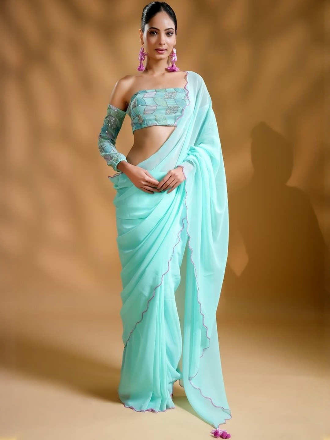 HANDME Scallop Border Pure Georgette Saree