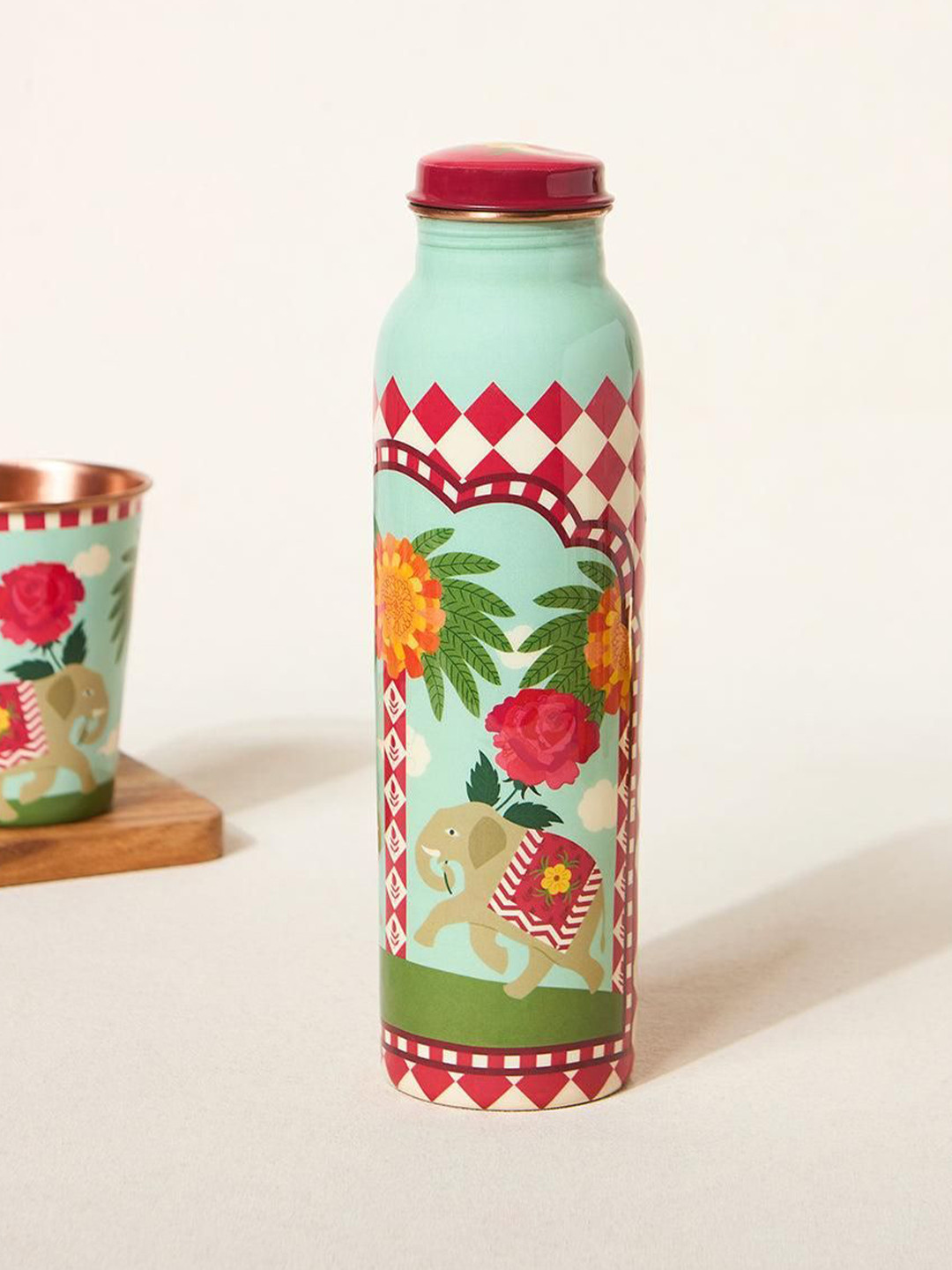 Chumbak Copper-Toned & Blue Floral Printed Copper Water Bottle - 950ml