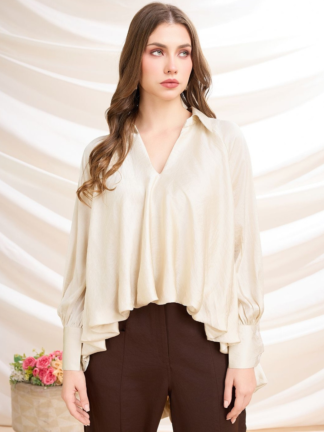 BOONS n PERKKS IVORY CASCADE Solid High Low Hem Top