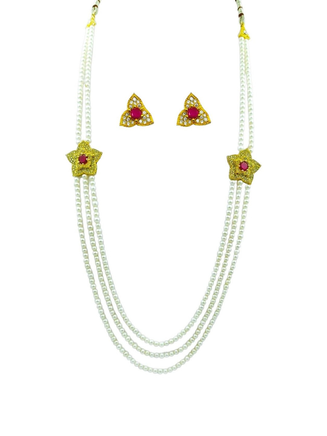D.D Pearls 3 String long Beaded Rani Haar Necklace with AD Pendant Earrings Jewellery Set