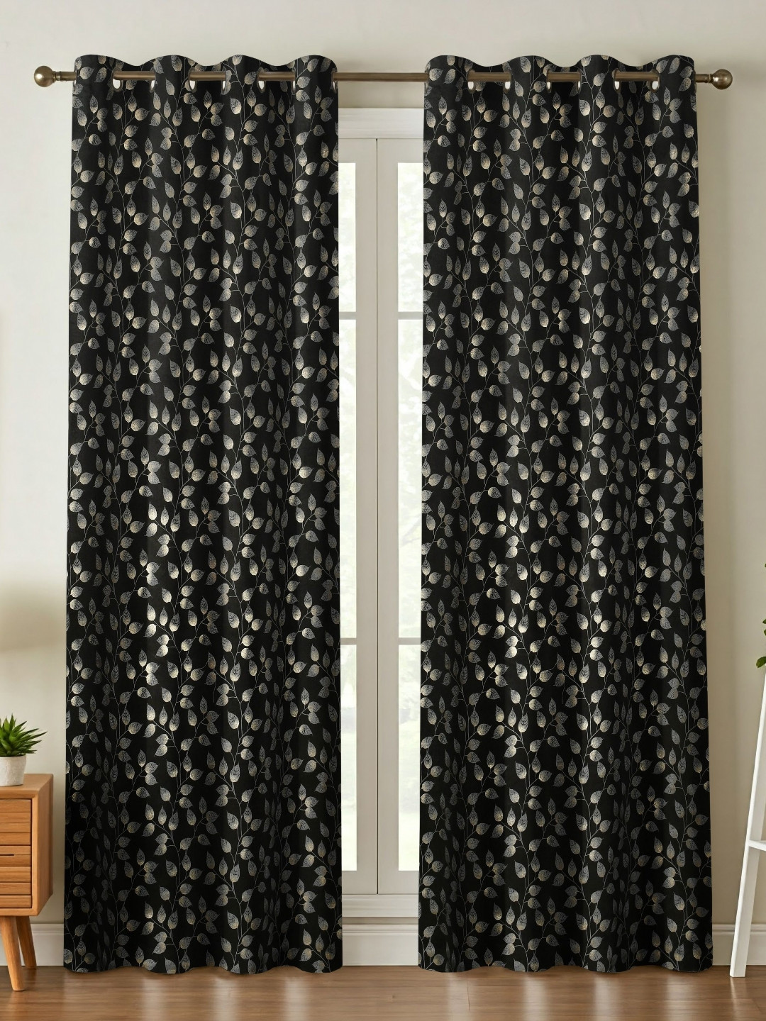 GEET CREATIONS Black & Gold Floral Room Darkening Velvet Long Door Curtain