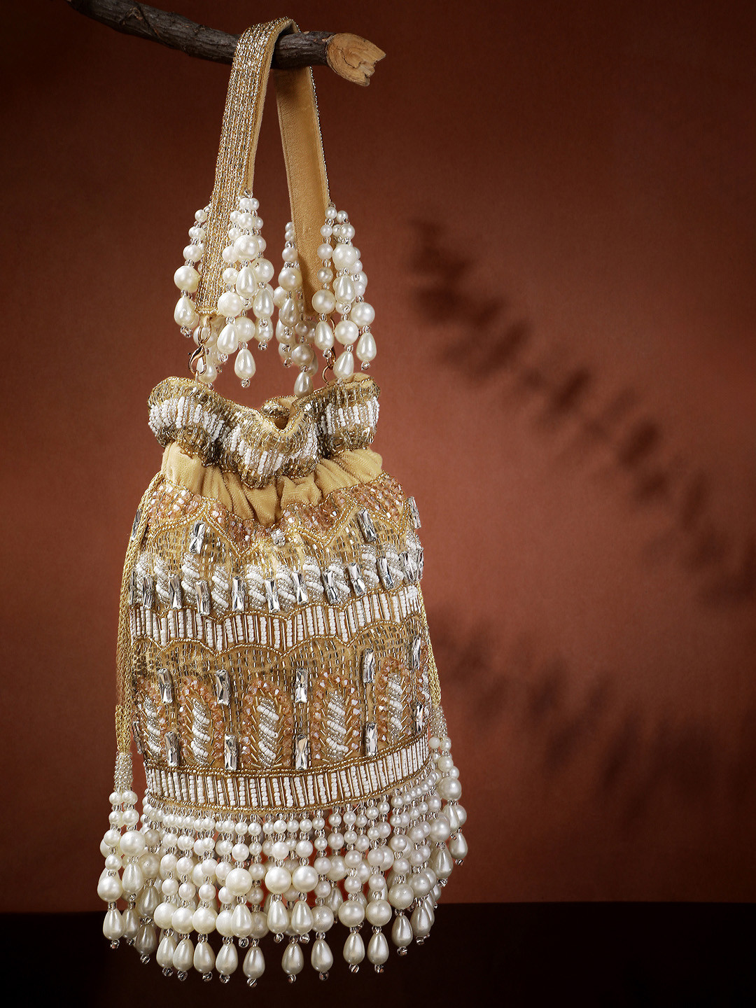 Anekaant Dewdrop Fringe Camel Brown & Pearls White Ornate Embellished Velvet Potli