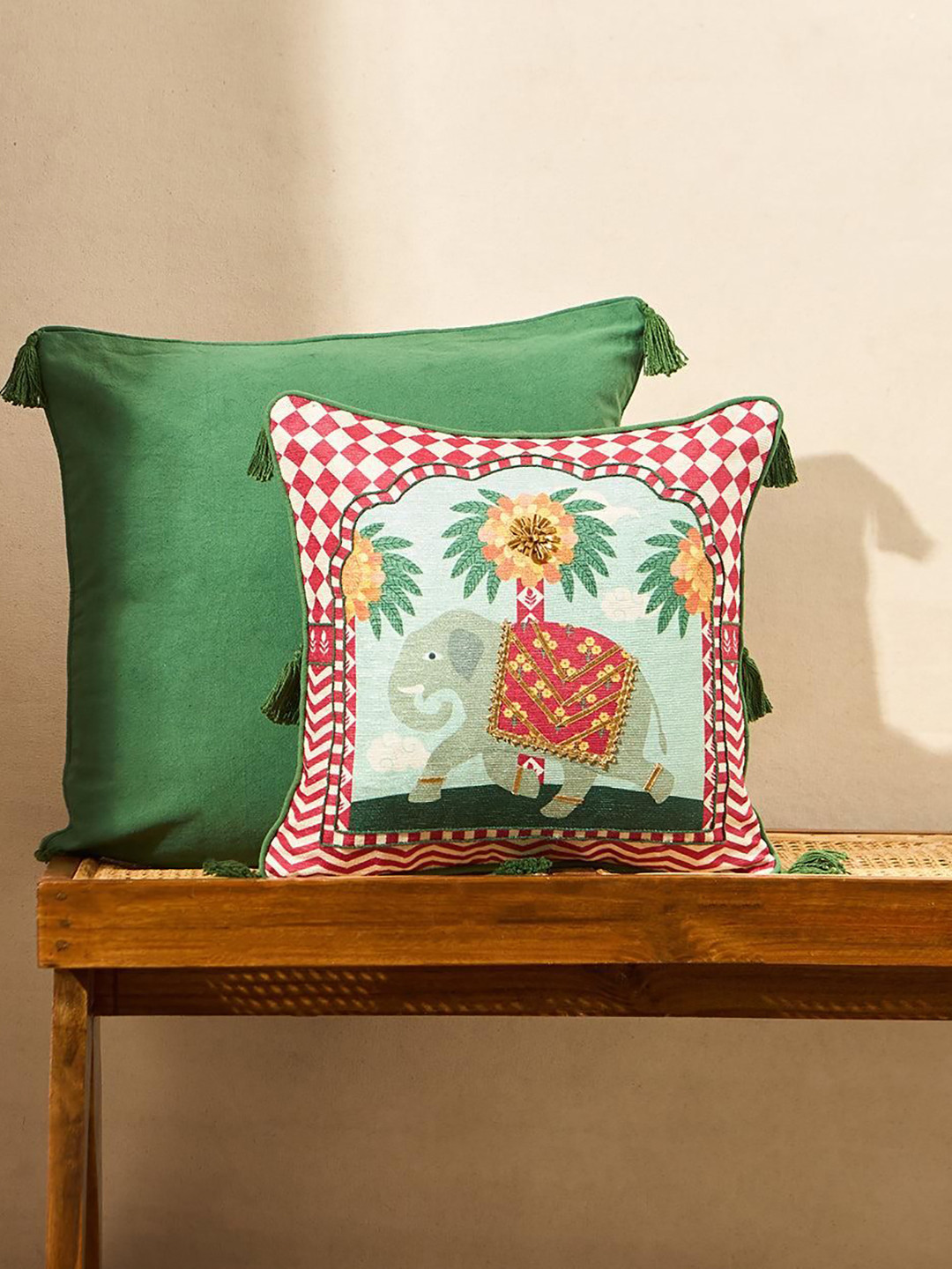 Chumbak Green & Red Ethnic Motifs Cotton Square Cushion Covers
