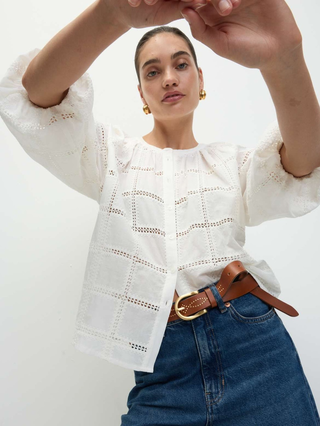 Marks & Spencer Self Design Puff Sleeves Pure Cotton Broderie Blouson Top