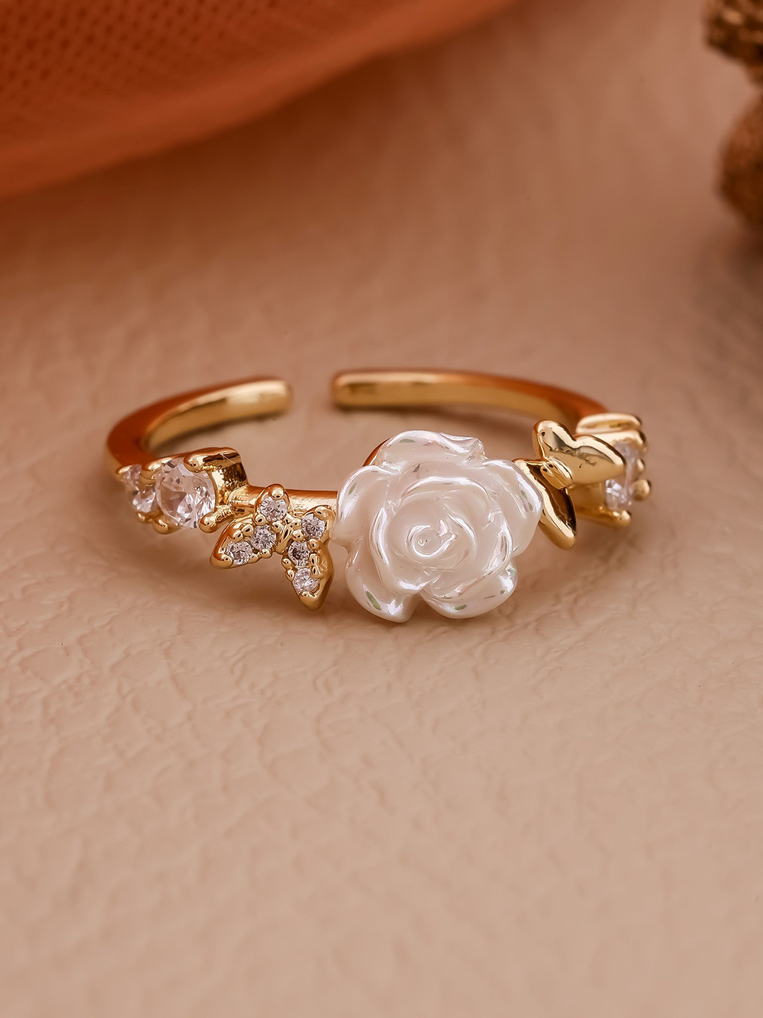 QUERALT Brass Plated Stainless Steel American Diamond Studded Floral Design Finger Ring