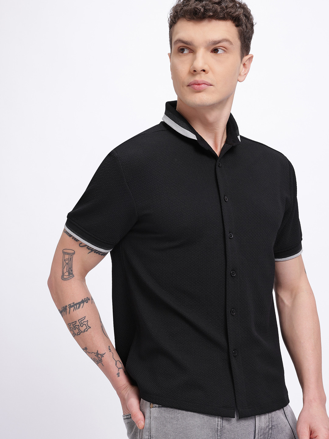 glitchez Stand Collar Textured Shirt