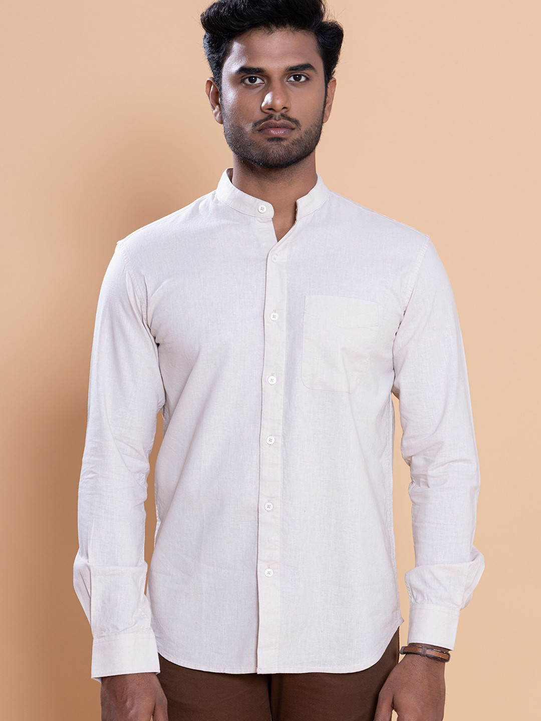 Native Bull Classic Fit Band Collar Long Sleeves Cotton Casual Shirt