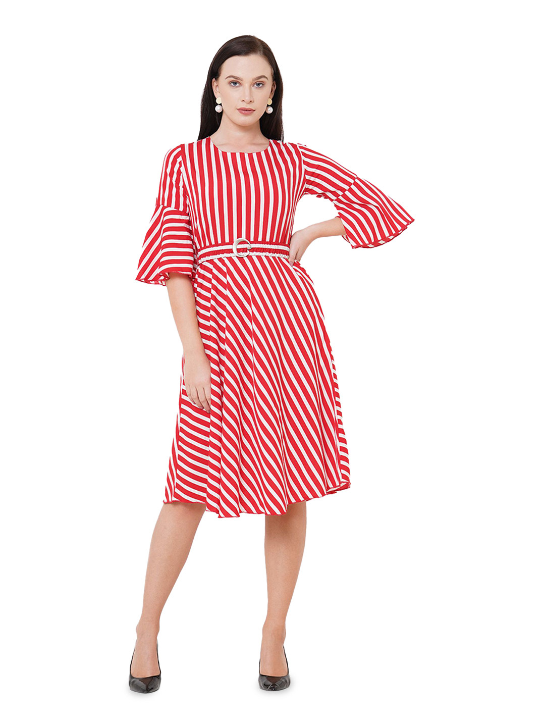 G0-4 IT Striped Bell Sleeve Belted Fit & Flare Midi Dress