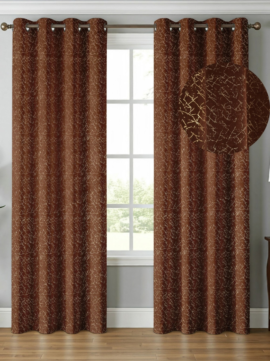 GEET CREATIONS Brown And Gold Toned 2 Pieces Room Darkening Velvet Window Curtains