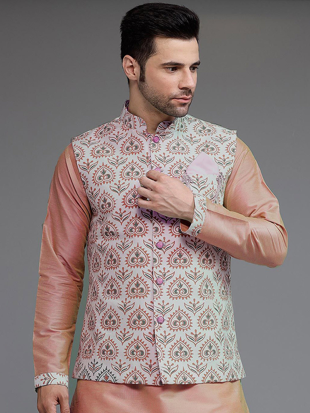Utsav Fashion Men Digital Printed Mandarin Collar Cotton Silk Nehru Jacket