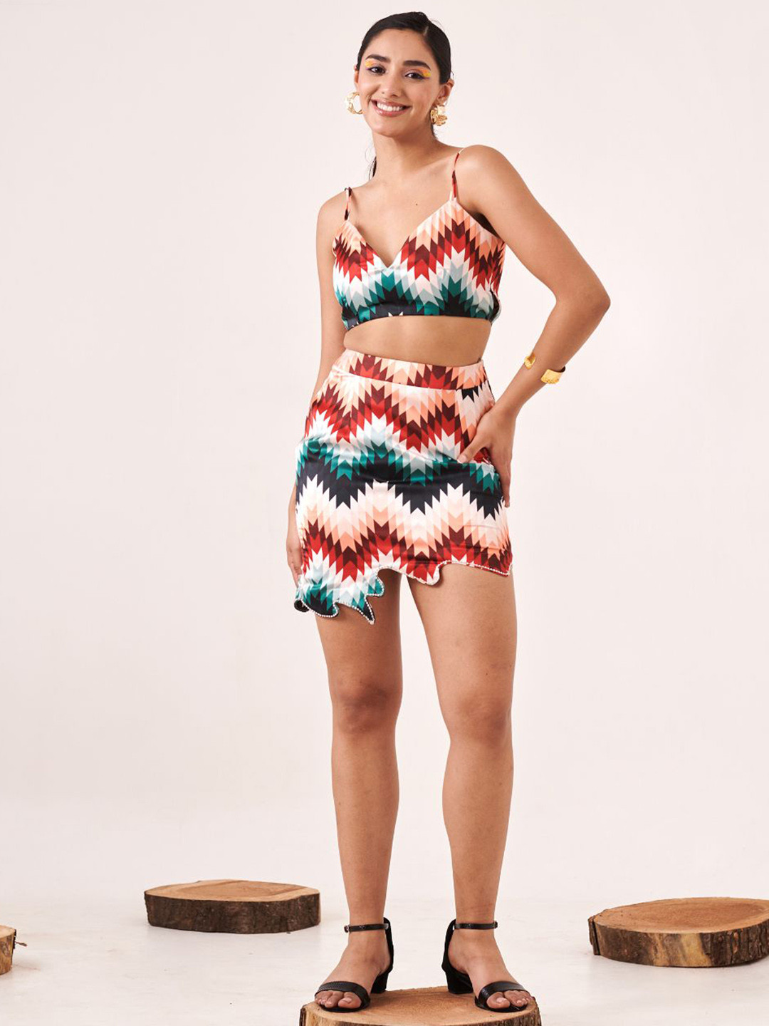 LOVEPRASHA Women Printeed Squared Neck Gigot Top with Printed Top & Skirt Co-Ords