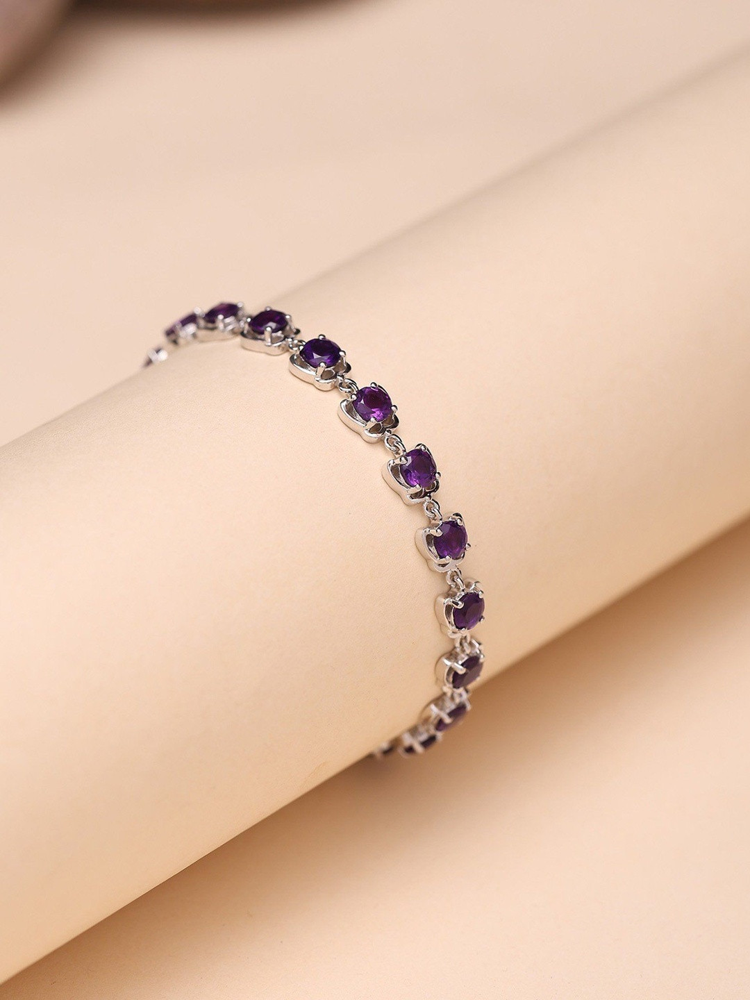 Exotic India Women 925 Sterling Silver Amethyst Link Bracelet