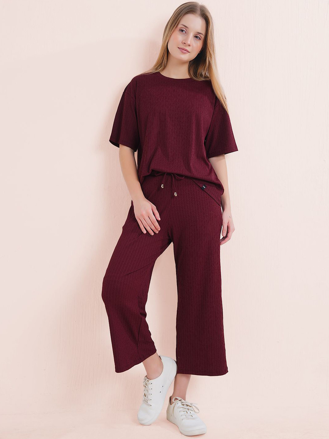 L&M Leisure and Moods Women Self Design Relaxed Fit Round Neck Top & Trouser Co-Ord Set