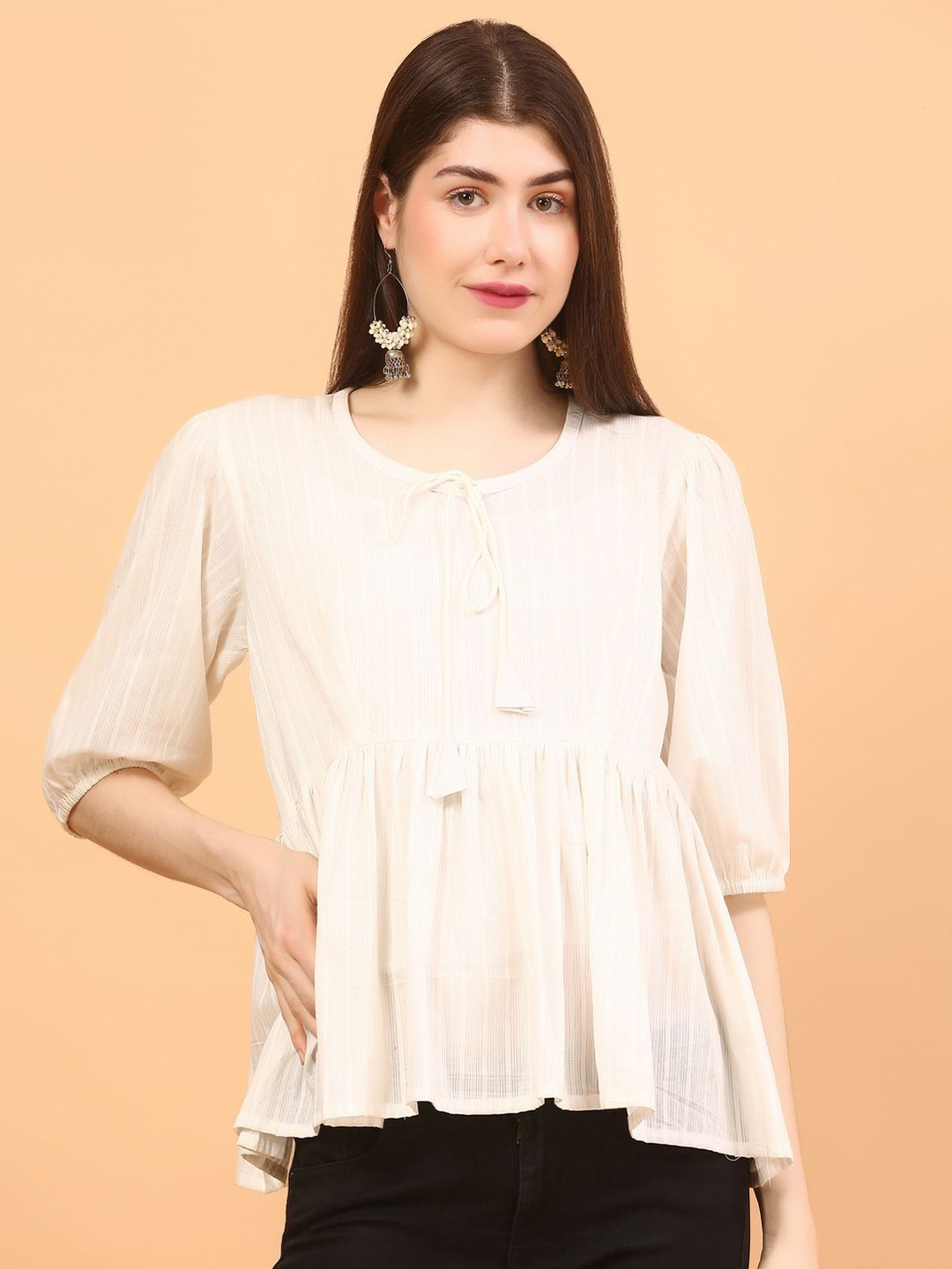 GEETUES Women Striped Round Neck Pure Cotton Anarkali Kurti