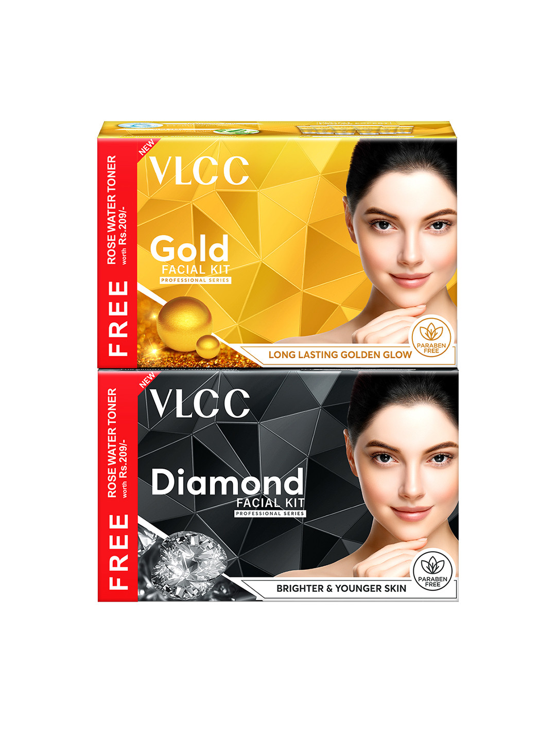 VLCC Gold Facial Kit 300g+100ml & Diamond Facial Kit 300g+100ml with Free Rose Water Toner