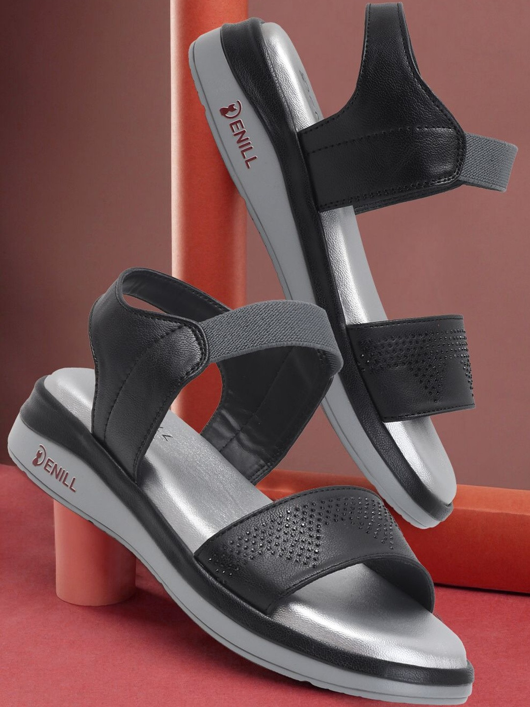 Denill Women Black Synthetic Leather Backstrap Solid Open Toe slip on flats