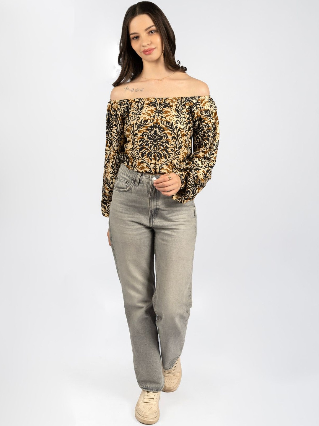 CORY EDGE Women Printed Off-Shoulder Puff Sleeve long Top
