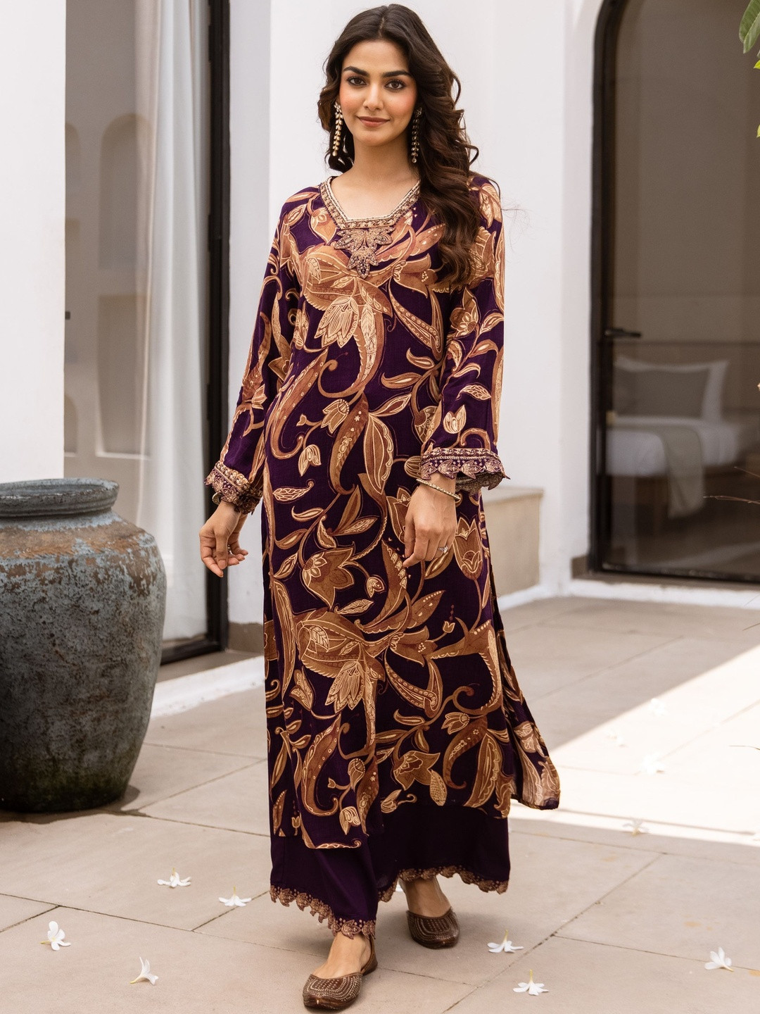 KALINI Floral Printed Square Neck Thread Work Straight Kurta With Trousers