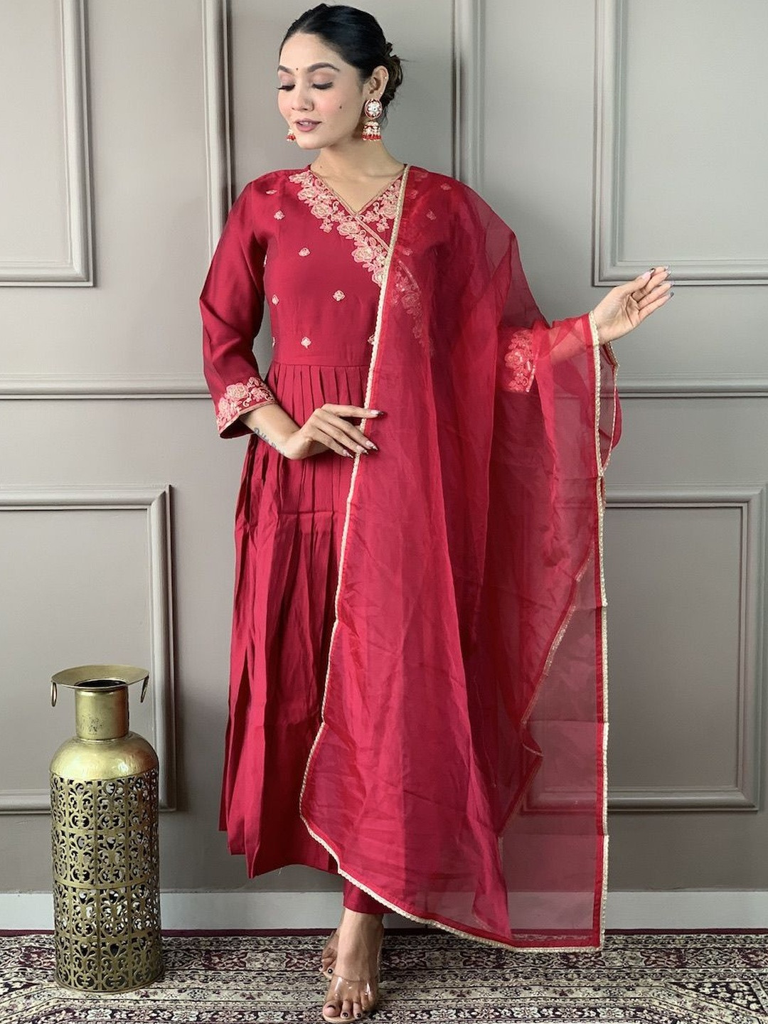 ATOXIC Women Red Embroidered Round Neck Kurta With Trousers & Dupatta