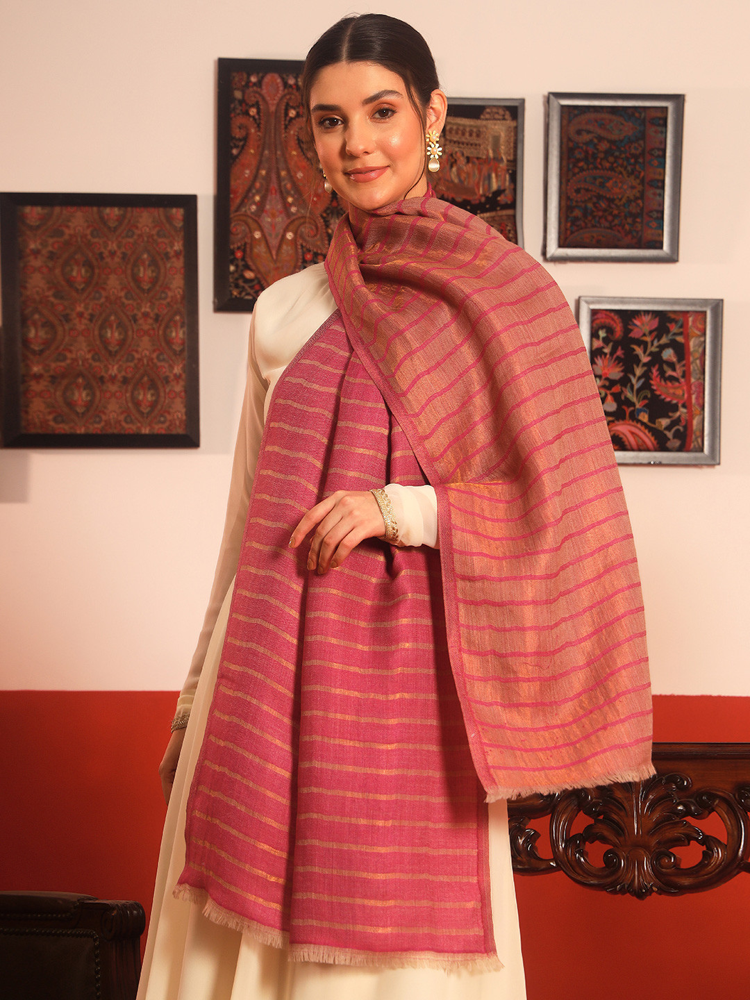 Pashmoda Striped Woven Design Mirage Fine Woollen Reversible Shawl