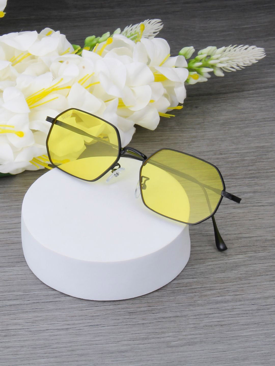 Ted Smith Unisex Septagon Black Yellow Sunglasses With UV Protected Lenses