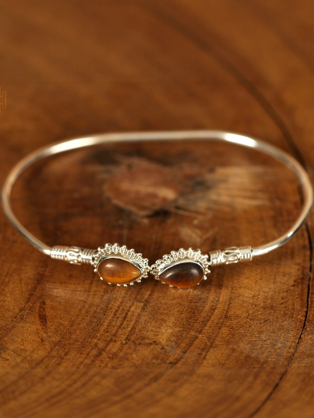 Exotic India Women Sterling Silver Tigers Eye Double Stone Studded Cuff Bracelet