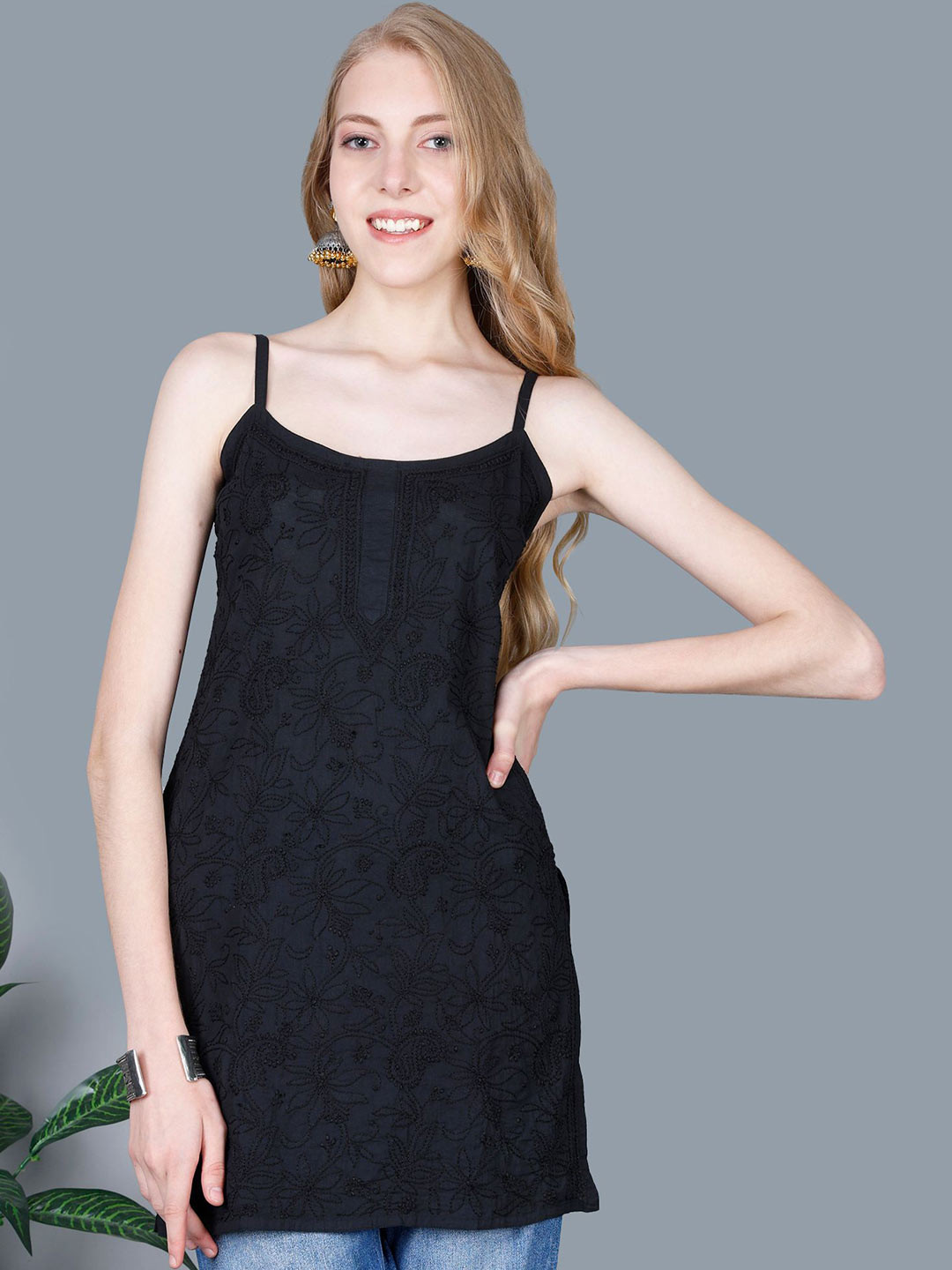 NAZAQAT ETHNIC INDIA Women Hand Embroidery lucknowi Pure Cotton Short Noodles Strap Kurti