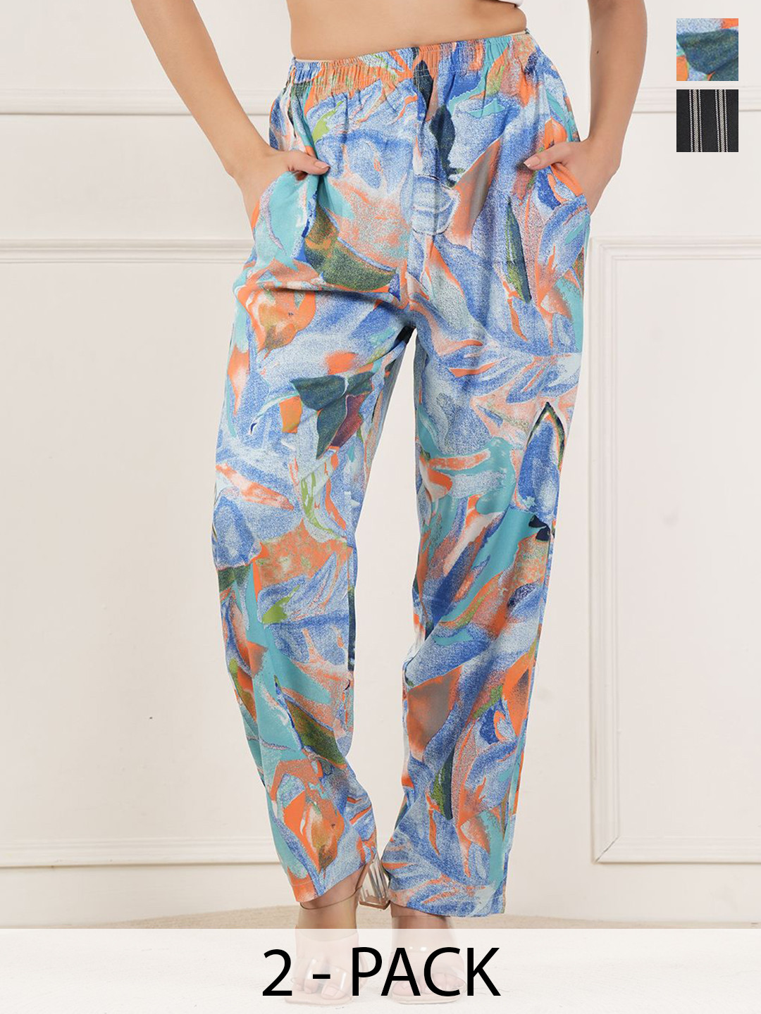 Style Shoes Women Pack Of 2 Printed Easy Wash Pleated Trousers