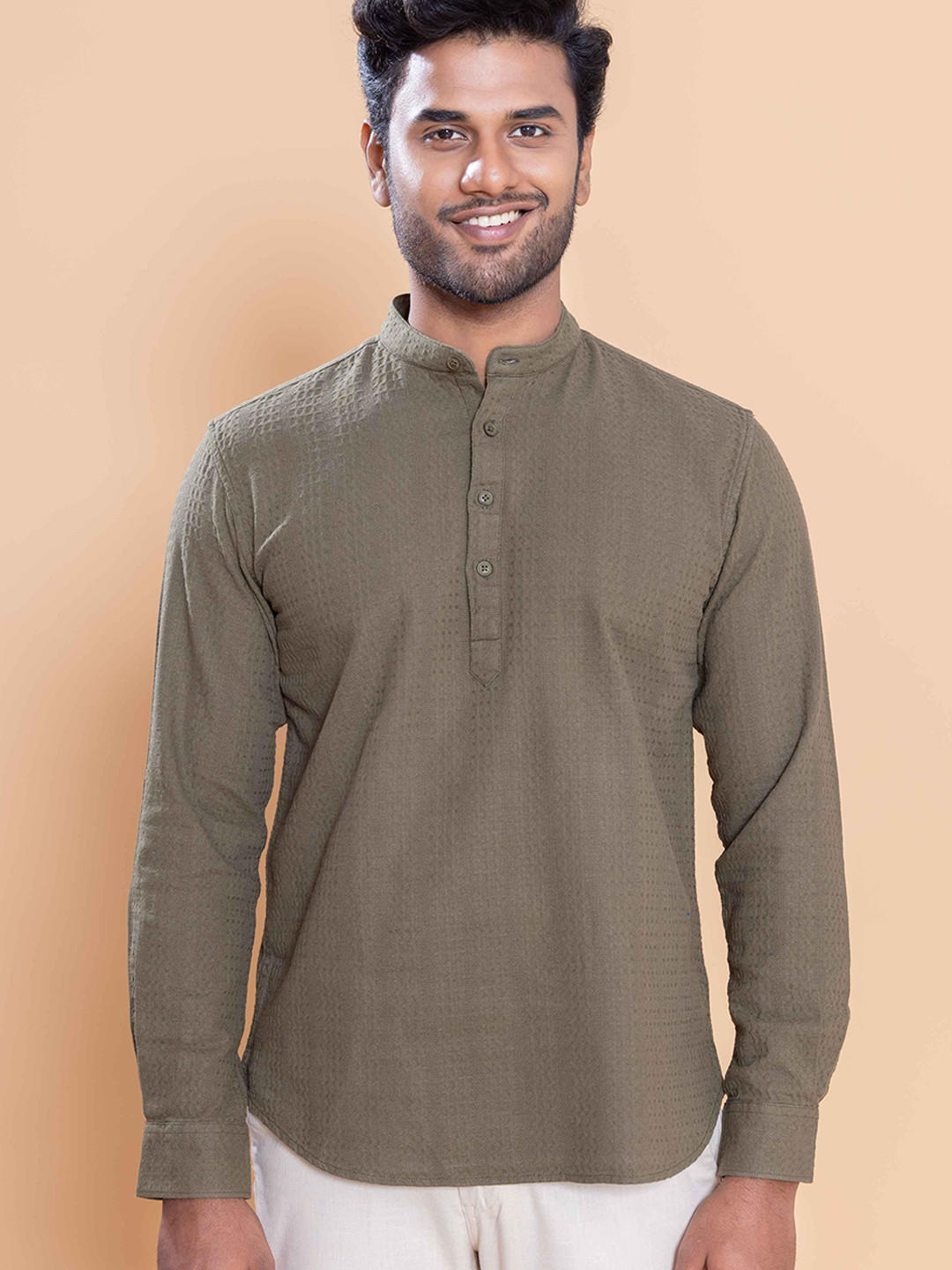 Native Bull Classic Textured Band Collar Cotton Shirt