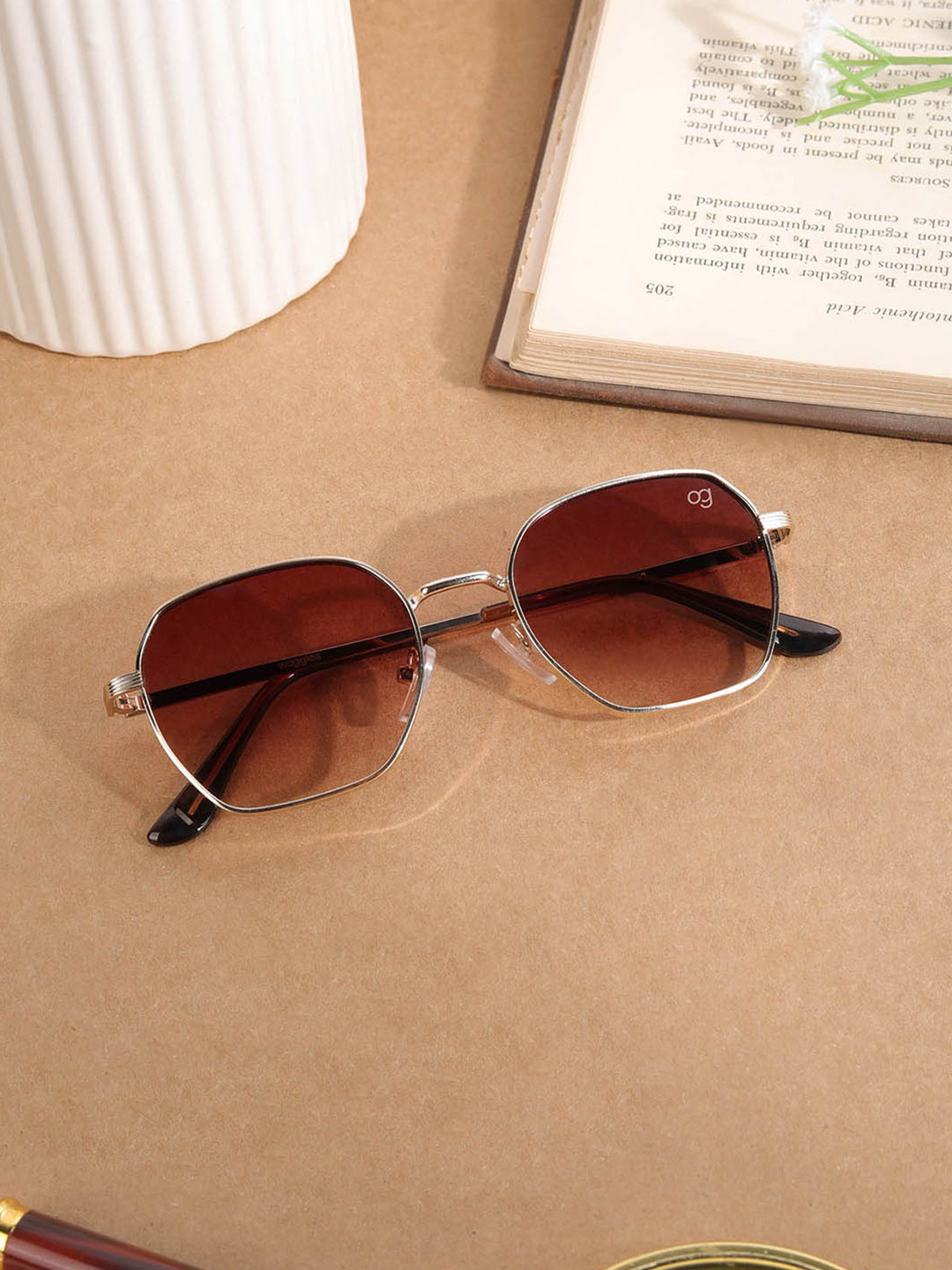 Woggles Unisex Gold-Toned FrameHexagonal Sunglasse with UV Protected Lens WOJJ-MHX-87625C3