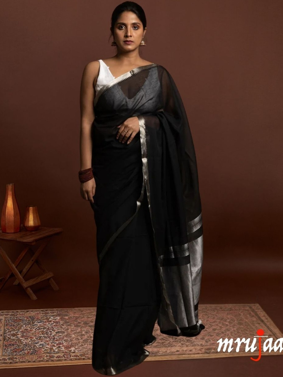 mrujaa Pure Cotton Saree with Silver Tissue Pallu