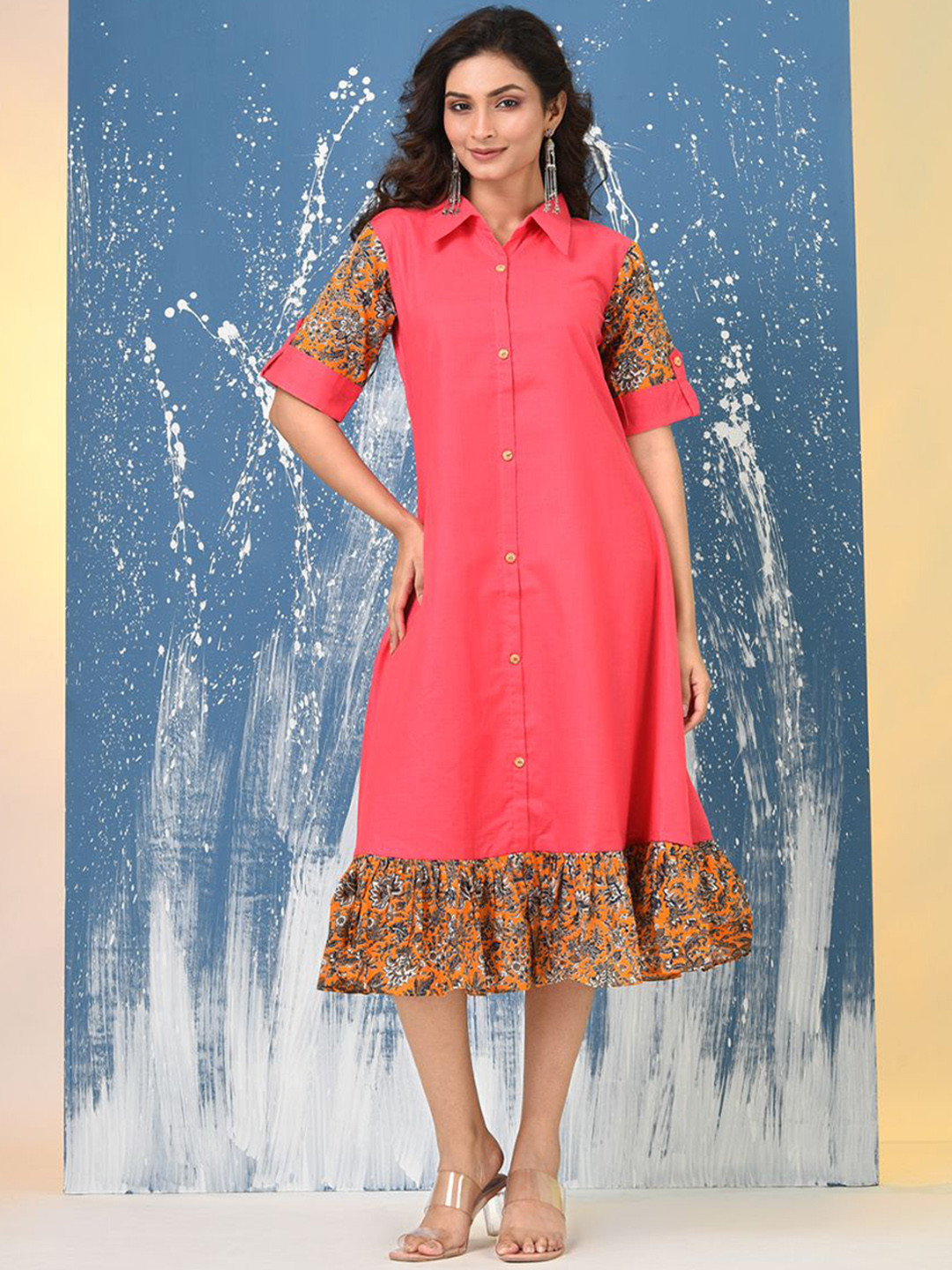 Charukriti Ruffled Shirt Collar Roll-Up Ajrak Printed Sleeve Cotton A-Line Ethnic Dresses