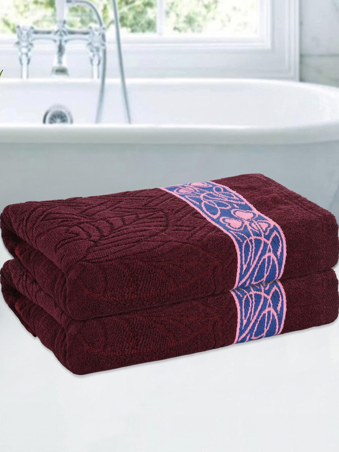 Aura Maroon & Pink 2 Pieces Leaf Embossed Cotton 150 GSM Bath Towels