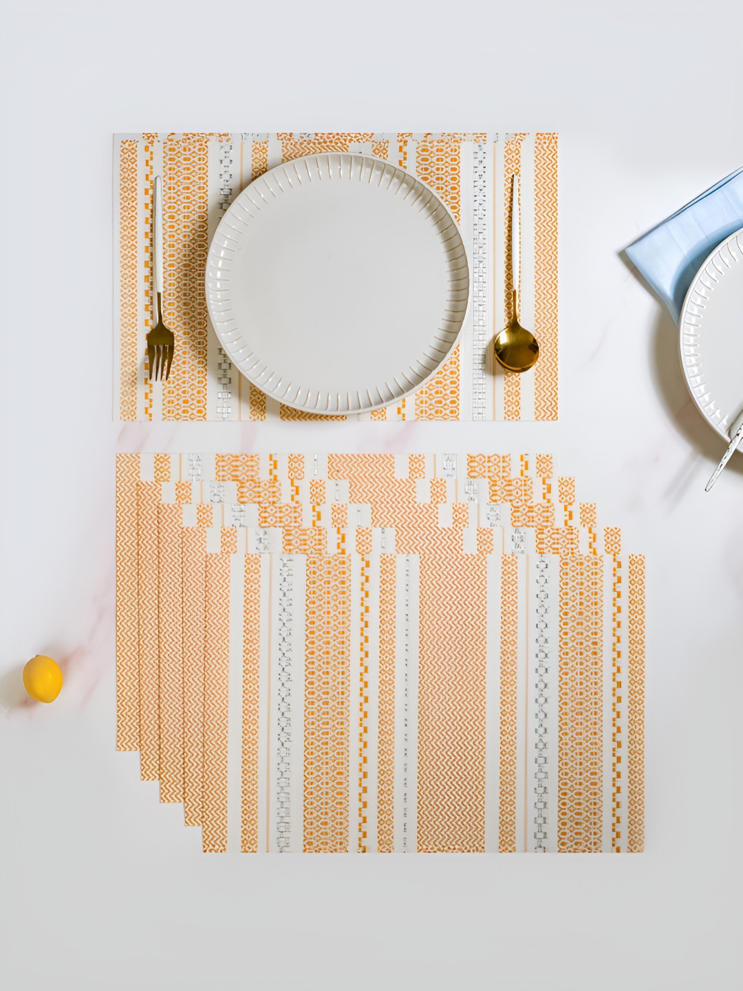 Nestasia Orange-Colored & White 6 Pieces Striped Textured Anti-Slip Table Placemats