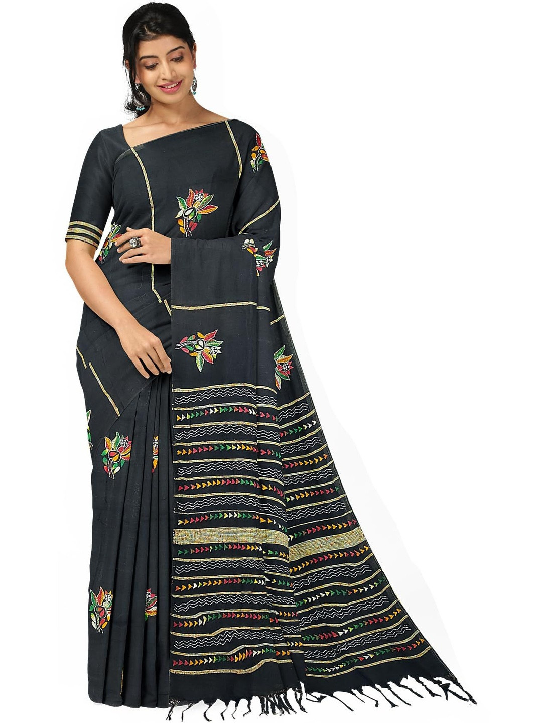 SOUL OF BENGAL Women Pure Cotton Floral Embroidered Kantha Work  Saree