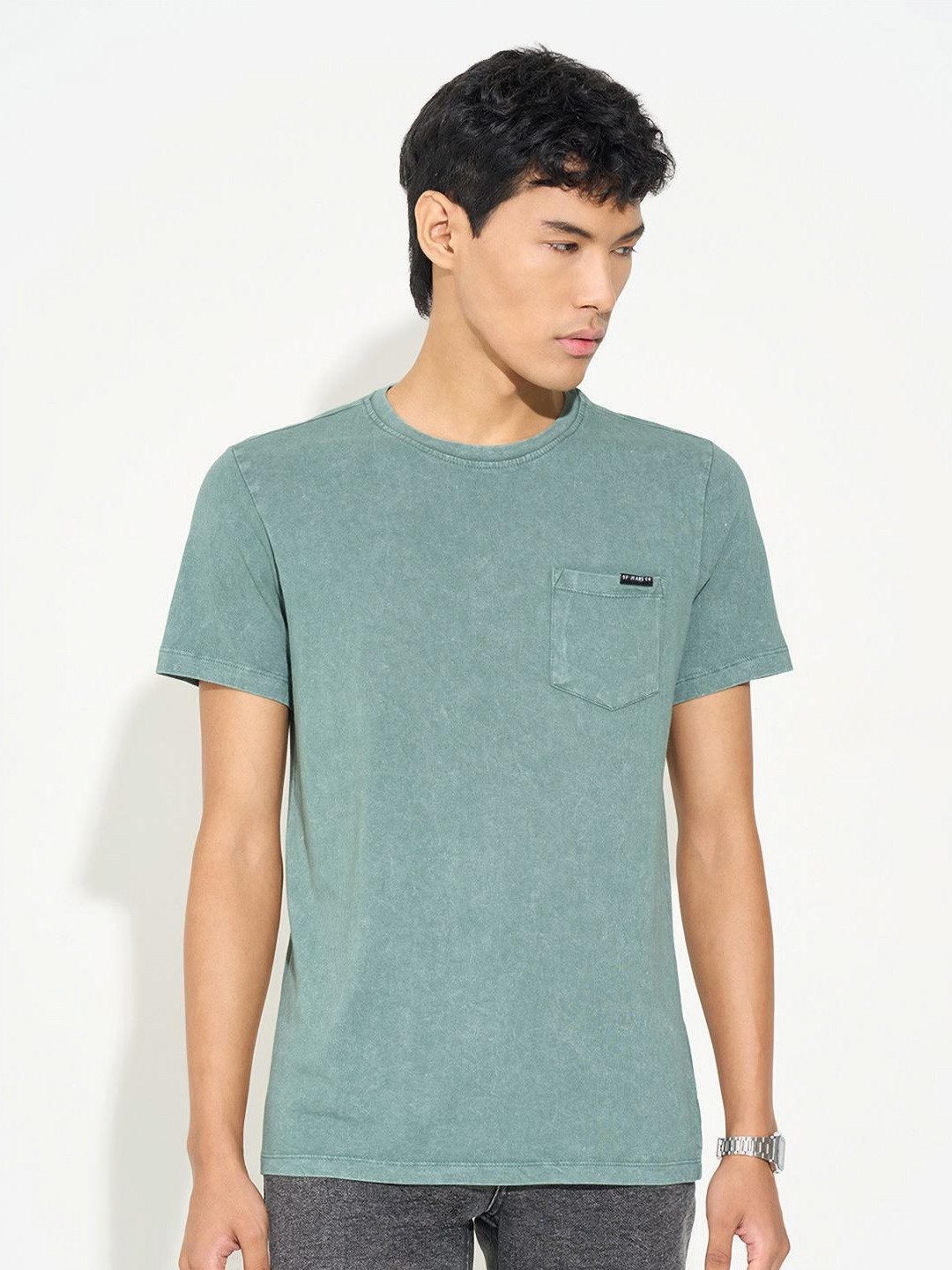SF JEANS by Pantaloons Washed Effect Round Neck Pure Cotton Pockets Slim Fit T-shirt