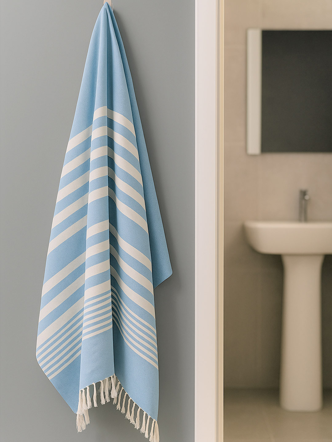 Kryptic Blue & White Striped Printed 210 GSM Bamboo Bath Towel
