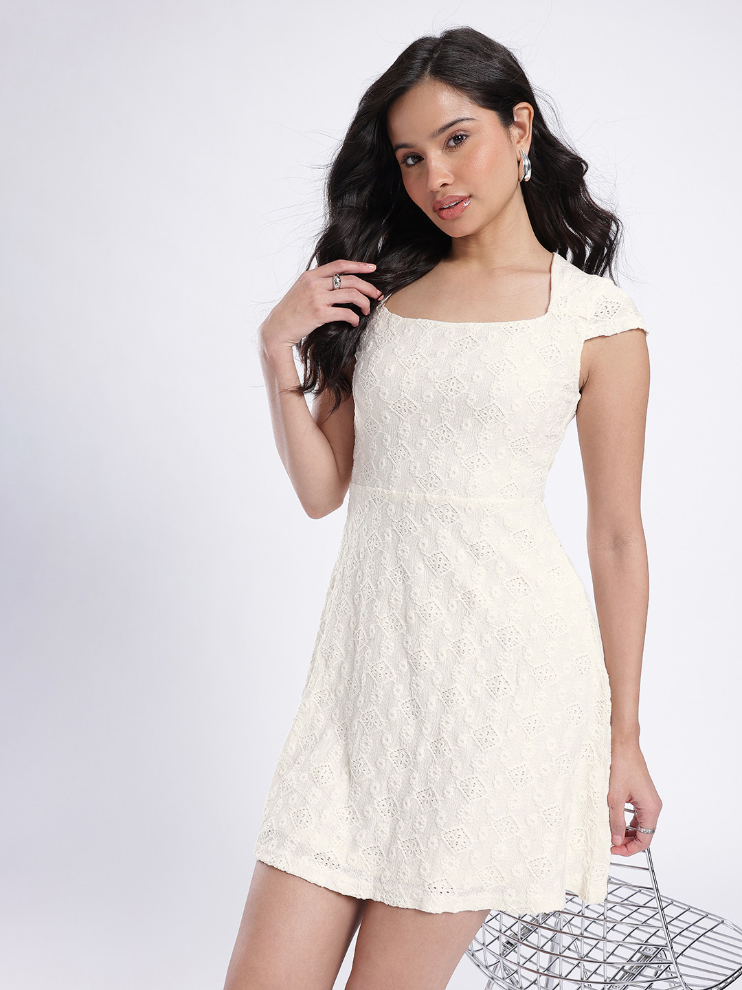 Off-White Self Designed Cap Sleeves A-Line Mini Dress