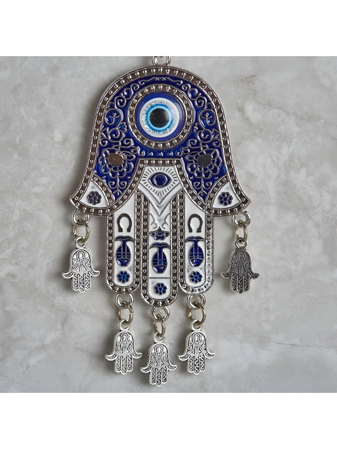 VASTU ART Blue & Silver Toned Metal Fatima Hamsa Hand With Evil Eye Wall Hangings