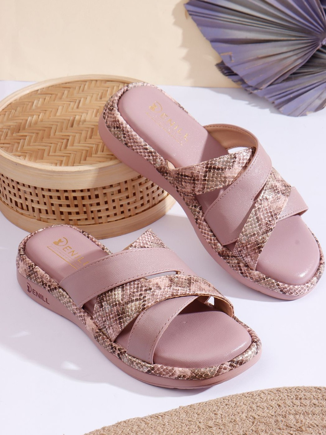 Denill Women Slip-On Sandals with Crisscross Faux Snakeskin Straps Cushioned Comfort Flats